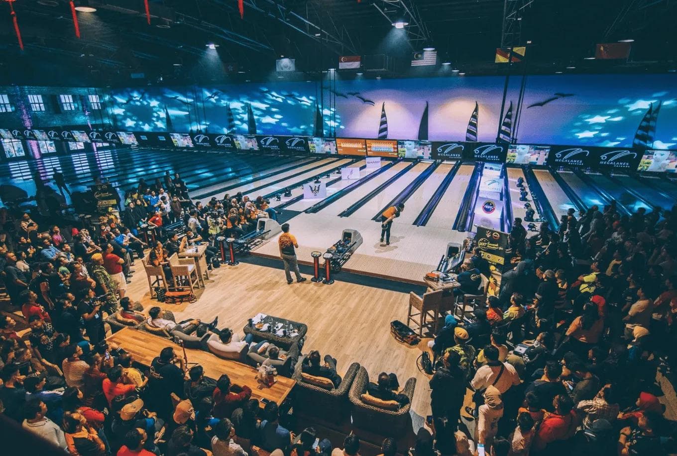 Bowling lanes during a live game